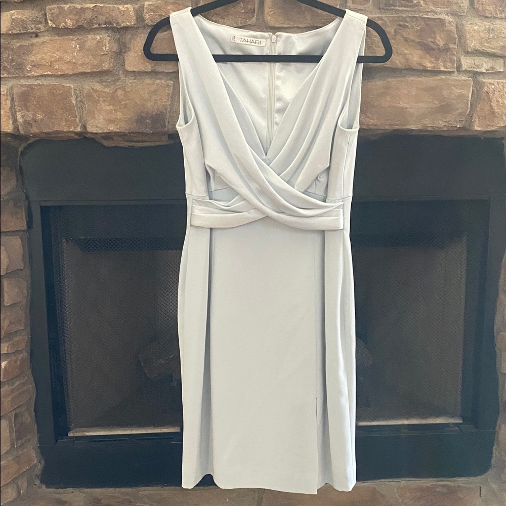 Tahari Shimmering sea foam green dress with draped neckline and side slit. 8